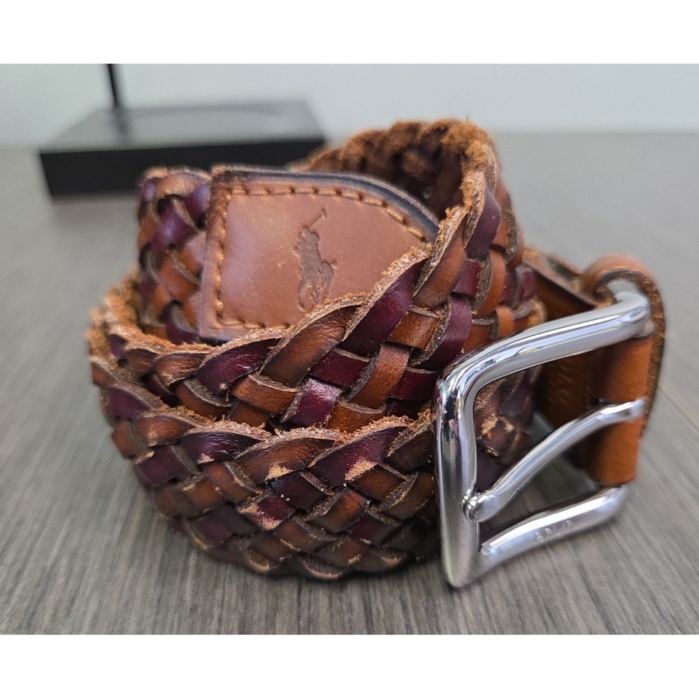 Polo Ralph Lauren Mens Braided Vachetta Leather Belt 32 Brown Silver Buckle LOGO